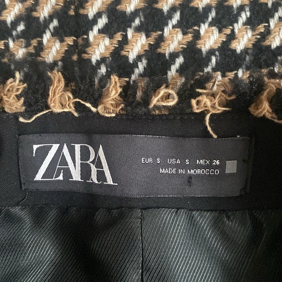 Zara Wool Tweed Houndstooth Boxy Fringe Hem Blazer Neutral Jacket size Small - Picture 12 of 13